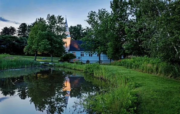 Картинка пейзаж, город, дом, пруд, церковь, США, Нью-Гэмпшир, New Hampshire, Sugar Hill
