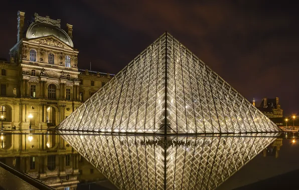 Картинка ночь, город, огни, Франция, Париж, Louvre Pyramid
