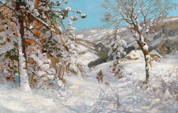 Картинка Alois Arnegger, Austrian painter, австрийский живописец, oil on canvas, Алоис Арнеггер, Охотник в зимнем лесу, …