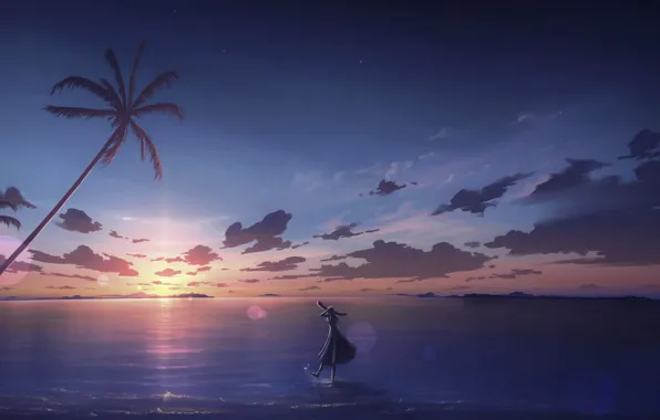 Картинка море, небо, девушка, закат, пальмы