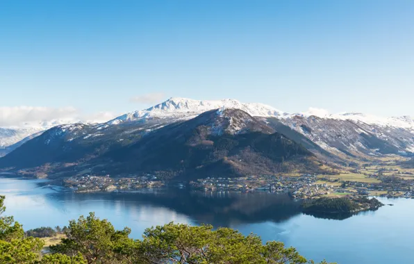 Картинка деревья, горы, берег, дома, Норвегия, панорама, залив, Uskedal
