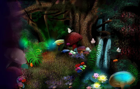 Картинка бабочки, цветы, грибы, flowers, mushrooms, fantasy art, butterflies, magic forest, волшебный лес, фэнтези арт, большие …