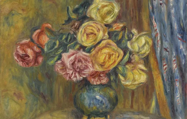 Картинка букет, картина, 1912, Пьер Огюст Ренуар, Pierre Auguste Renoir, Розы и Синяя Занавеска