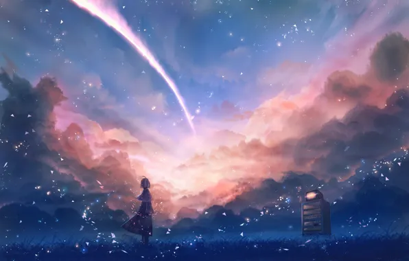 Картинка небо, девушка, фэнтези, луг, автомат, падающая звезда, by Sakimori