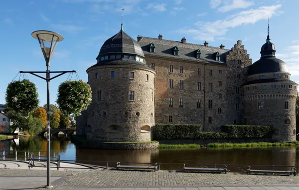 Картинка пруд, замок, фонари, Швеция, Orebro