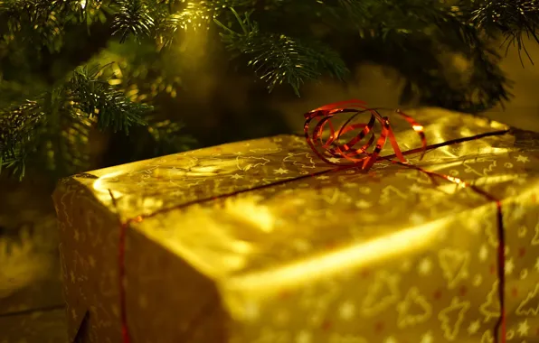 Картинка свет, ветки, праздник, коробка, подарок, Рождество, Новый год, позолота, хвоя, серпантин, боке, новогодние украшения, сюрприз, …