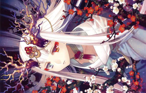 Картинка японская одежда, цветущая сакура, разные глаза, ёкай, длинные белые волосы, by Yone Kazuki, рога на …
