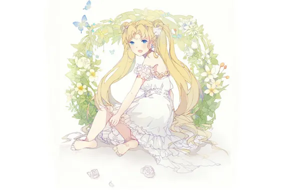 Картинка бабочки, босиком, голубые глаза, белое платье, два хвостика, Sailor Moon, венок из цветов, by xiaohan