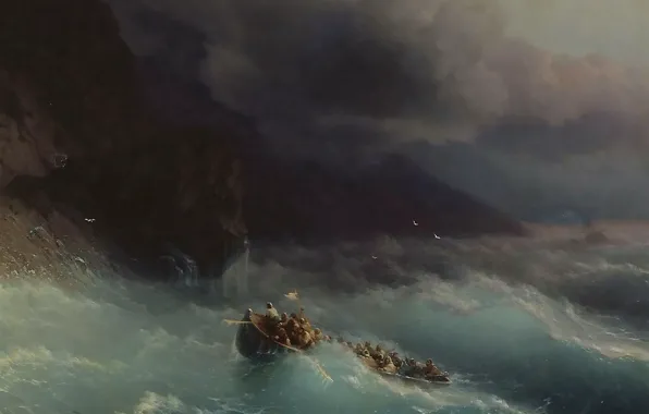 Картинка шторм, лодка, картина, морской пейзаж, Иван Айвазовский, 1873, Буря на Чёрном Море