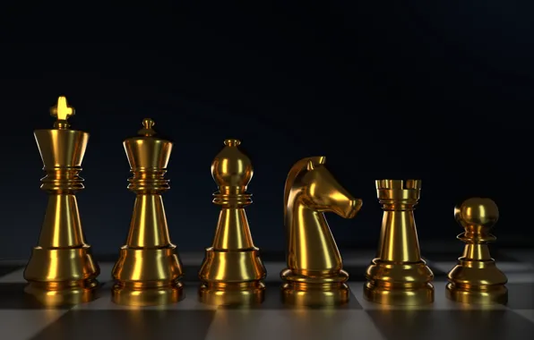 Картинка темный фон, рендеринг, шахматы, золотые, шахматная доска, шахматные фигуры, позолоченные, в ряд, настольная игра, игра …