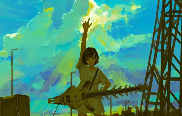 Картинка небо, девушка, гитара, скелет, by XilmO