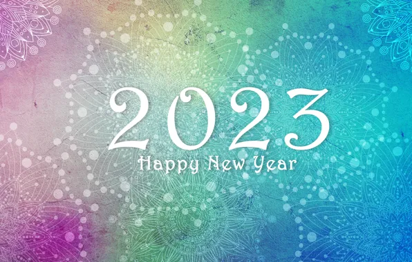 Картинка снежинки, надпись, узор, цифры, Новый год, орнамент, голубой фон, дата, разноцветный фон, 2023, Новый 2023 …