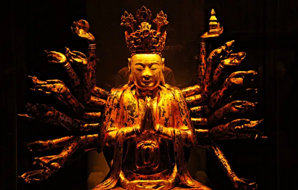 Картинка статуя, религия, Будда, золотая, Шива, восьмирукий