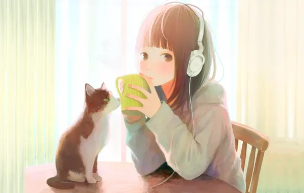 Картинка в наушниках, за столом, рыжая девочка, черно-белая кошка, занавкски, кружка чая
