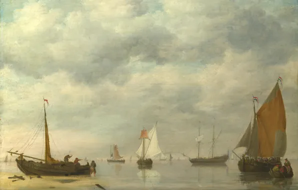 Картинка картина, парус, морской пейзаж, Jan van Os, Голландские корабли в спокойной воде, Ян ван Ос