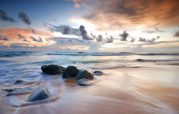 Картинка песок, море, пляж, лето, небо, закат, берег, summer, beach, sea, sunset, seascape, beautiful, sand