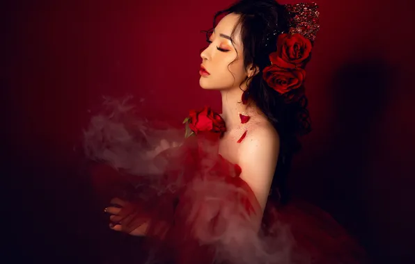 Картинка девушка, роза, азиатка
