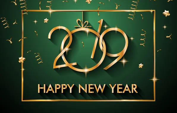 Картинка зеленый, фон, золото, Новый год, 2019