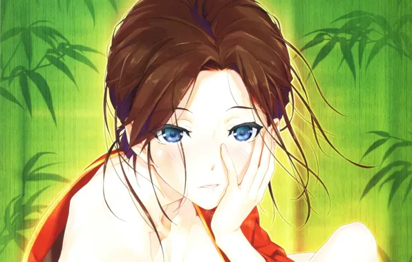 Картинка лицо, рука, бамбук, декольте, шатенка, кимоно, голубые глаза, плечи, зеленый фон, visual novel, Bishoujo Mangekyou: …