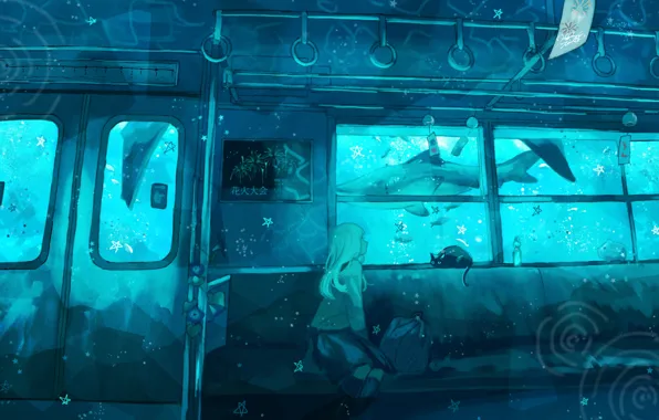 Картинка кошка, девушка, поезд, фэнтези, под водой