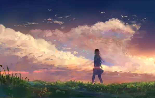 Картинка небо, трава, девушка, природа