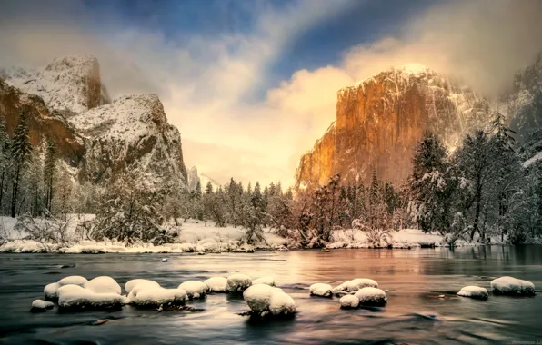 Картинка зима, небо, горы, озеро