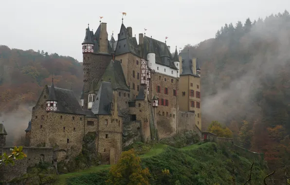 Картинка небо, деревья, туман, Германия, замок Эльц, средневековая архитектура