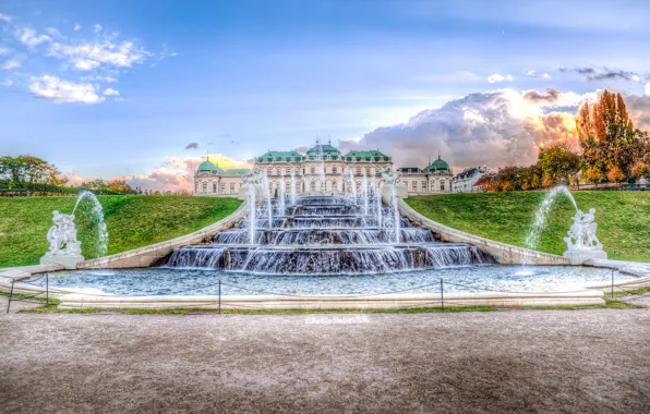 Картинка небо, парк, Австрия, фонтан, Вена