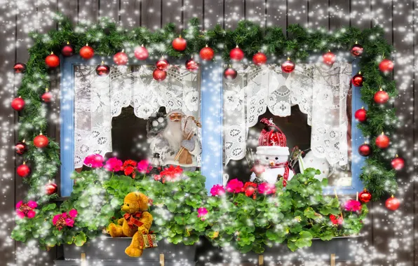 Картинка зима, шарики, снег, цветы, праздник, коллаж, шары, игрушка, игрушки, доски, фотошоп, обработка, медведь, окно, Рождество, …
