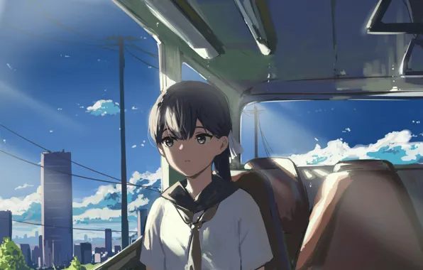 Картинка девушка, город, автобус, школьница