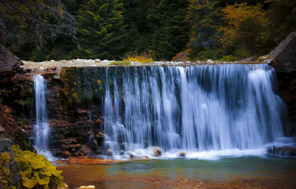 Картинка осень, лес, берег, водопад, поток