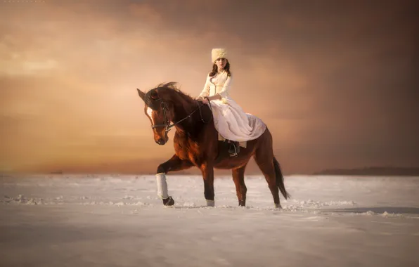 Картинка зима, девушка, снег, лошадь, всадница, Pawel Szamreta