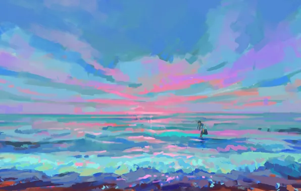 Картинка море, небо, школьница