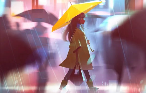 Картинка улица, зонт, размытость, девочка, сумка, прогулка, плащ, ливень, art, Jenny Yu