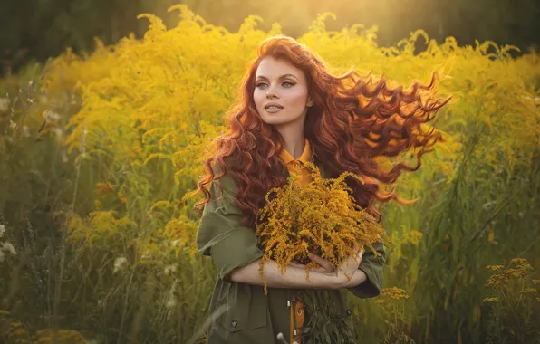 Картинка девушка, природа, рыжая, травы, локоны, Наталья Ветошкина
