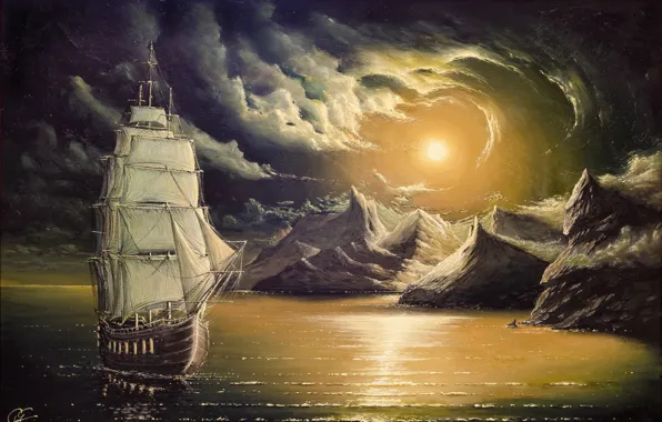 Картинка небо, солнце, океан, скалы, берег, Море, картина, Корабль, арт, красиво, штиль
