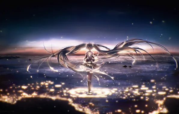 Картинка море, девушка, звезды, ночь, Hatsune Miku, Vocaloid