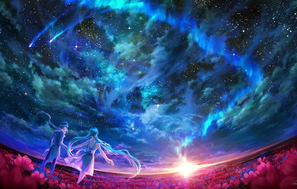 Картинка облака, люди, Небо, двое, Vocaloid, Вокалоид