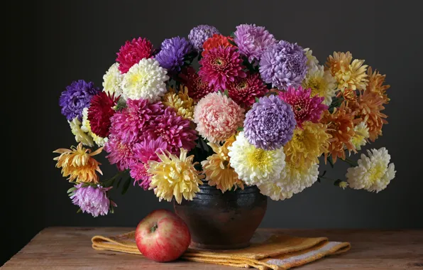 Картинка осень, цветы, яблоки, букет, colorful, фрукты, натюрморт, flowers, autumn, fruit, still life, bouquet