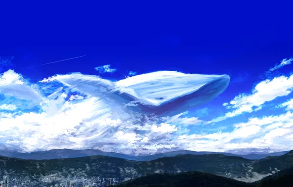 Картинка небо, облака, горы, фэнтези, кит