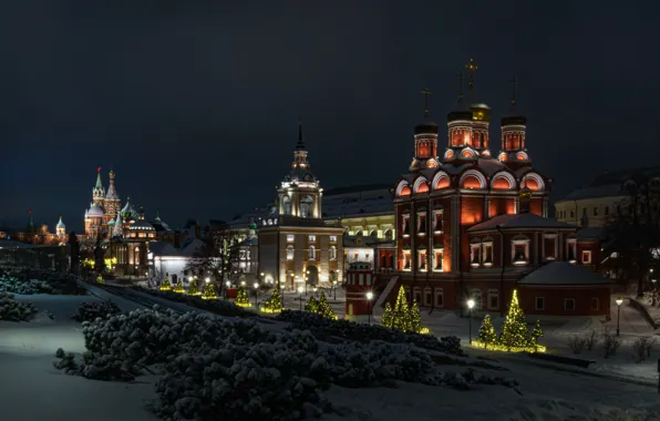 Картинка зима, снег, ночь, город, парк, освещение, Москва, храмы, Зарядье, Борис Юрьев