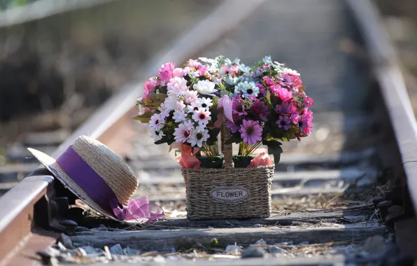 Картинка цветы, рельсы, букет, шляпа, железная дорога