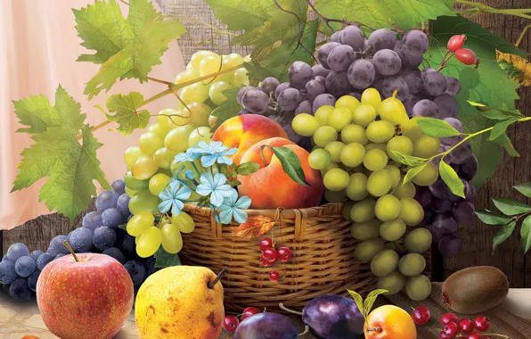 Картинка цветы, рендеринг, виноград, фрукты, лоза