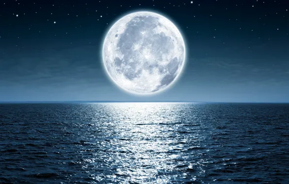Картинка moon, ocean, water, night
