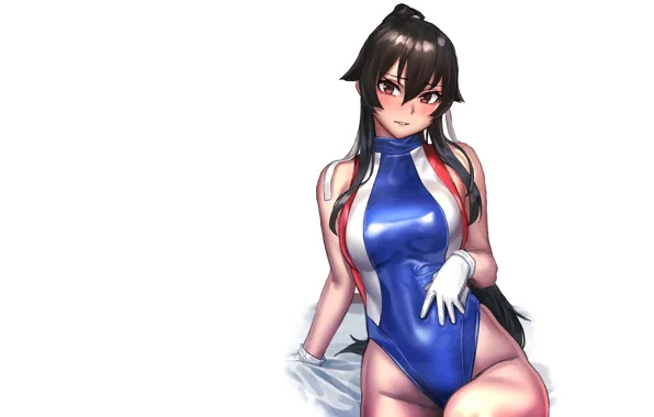 Картинка girl, sexy, boobs, anime, pretty, swimsuit, breasts, babe, tummy, gloves, tight, blushing, blue suit, tight …