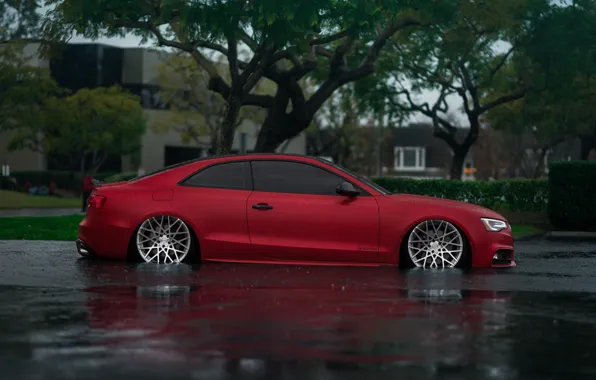 Картинка Audi, Red, Water, Rain, Side, Road, Audi S5, Wheels