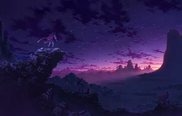 Картинка закат, горы, скалы, аниме, арт, четверо, звездопад