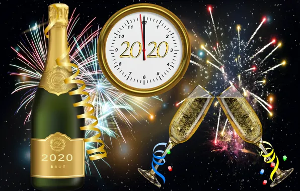 Картинка Новый год, фейерверк, циферблат, шампанское, фужеры, 2020