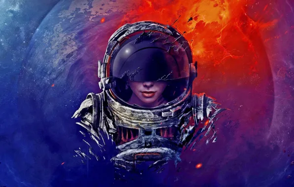 Картинка девушка, звёзды, Скафандр, Космос, Астронавт, Космонавт
