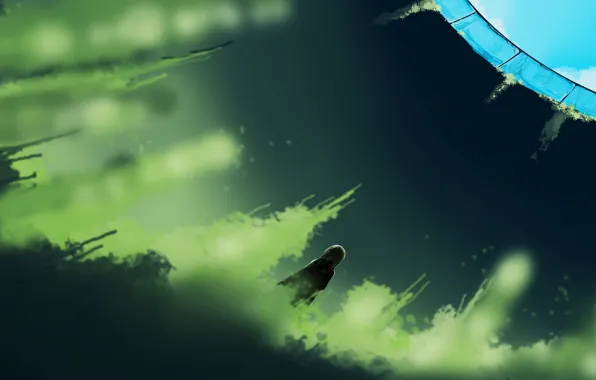 Картинка зелень, небо, колодец, девочка, постапокалипсис, by Gracile